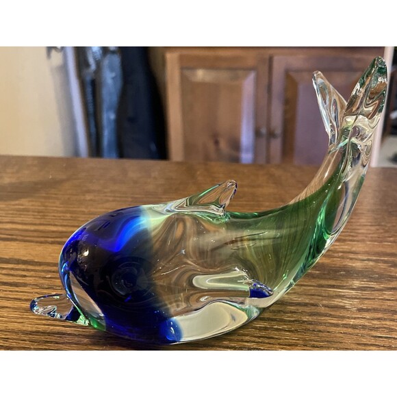 Dolphin Hand Blown Blue and Green Glass Paperweight Tail Up Heavy Vintage - Picture 2 of 6